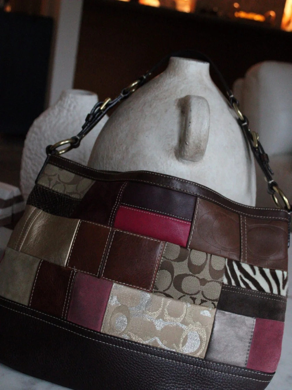 Coach Brown Patchwork Signature Canvas & Leather Shoulder Bag with Gold Hardware